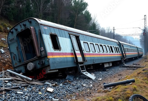 A derailed train lies on its side, debris scattered nearby, collision, failure