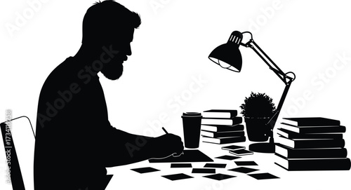 Silhouette of man writing at desk with books, lamp, coffee cup, plant, and papers in focused study or work setup.