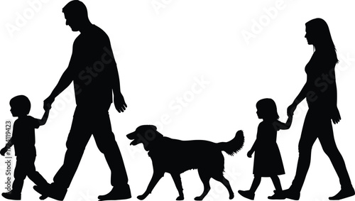 Silhouette of family walking with two children and dog in peaceful outdoor scene showing togetherness and leisure activity.
