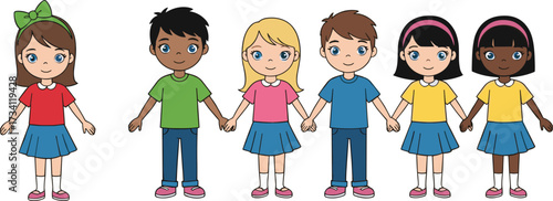 Cartoon diverse children holding hands together, unity and friendship illustration, happy multicultural kids group, equality, teamwork, peace, childhood education concept
