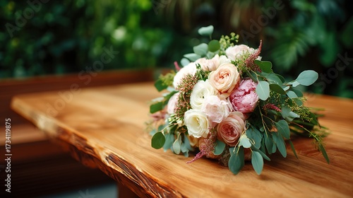 A bouquet of fresh flowers displayed elegantly on a wooden table, perfect for weddings, parties, or adding a touch of nature to any space.