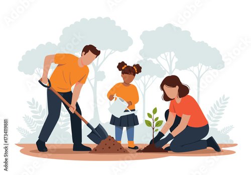 Vector illustration of a happy family planting a new tree together in the park for environmental conservation and growth
