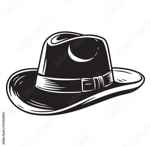 Vector illustration of a classic fedora hat in a black and white line art style