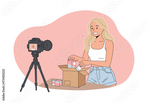 Unboxing beauty products home video content bright environment front view lifestyle concept