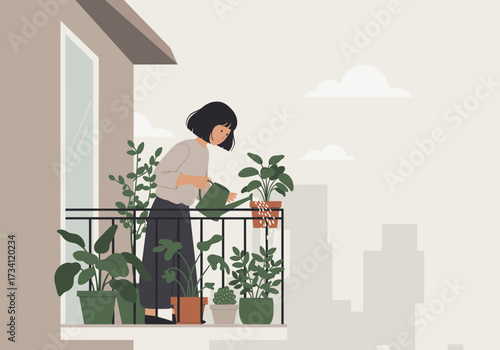 Gardening activity balcony urban environment side view plant care for apartment dwellers