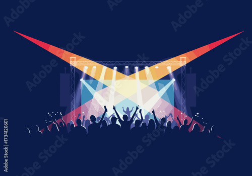 Energetic music festival performance concert venue digital nighttime atmosphere audience perspective vibrant lighting