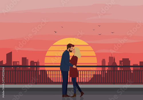 Romantic sunset kiss urban skyline digital evening side view love and connection