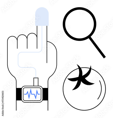 Hand wearing smartwatch with pulse monitor, magnifying glass symbolizing research, and tomato for nutrition. Ideal for health, technology, food, research, medicine tracking diet. Simple flat