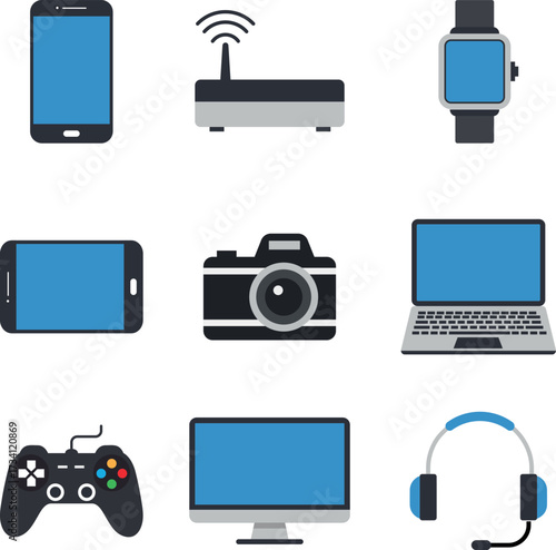 Collection of modern electronic gadgets and devices vector illustration. A flat design illustration 
including smartphone, router, smartwatch, tablet, camera, laptop, game controller, and headphone