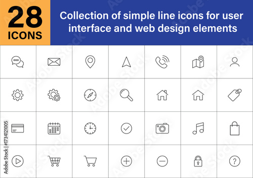 Collection of simple outline icons for web and app design. A set of minimalist line icons depicting 
essential digital interface elements like communication, navigation, settings, and commerce