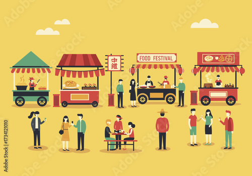 Exciting food festival in a vibrant outdoor market showcasing culinary delights and social interactions