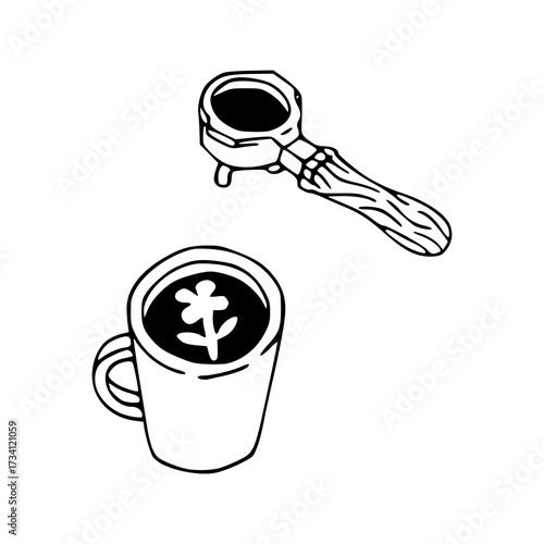 espresso portafilter and latte art mug in doodle style