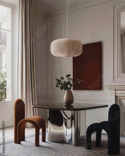 Modern Dining Area with Unique Chairs and Minimalist Decor