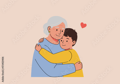 Heartwarming embrace between grandmother and grandson illustrated scene family love soft colors digital