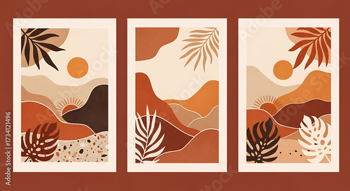 A set of three boho minimalist landscape art prints featuring warm terracotta tones, abstract mountains, tropical leaves, and sun elements for home decor and wall art
