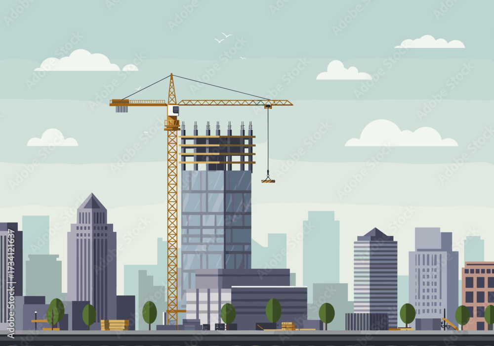 Obraz premium Construction activity in urban landscape skyscraper development digital modern city environment aerial perspective