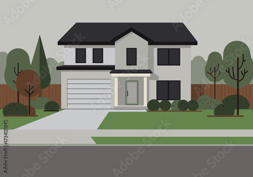 Modern family home exterior suburban neighborhood digital tranquil environment front view residential concept