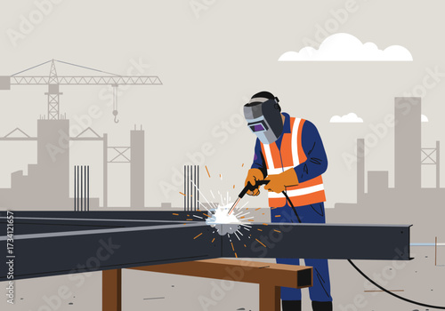 Welding action at construction site industrial scene digital urban environment perspective