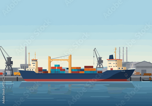 Cargo ship unloading at industrial dock digital calm waters side view maritime logistics