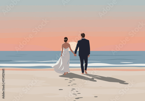Romantic beach wedding sunset celebration oceanfront digital tranquil rear view love and unity