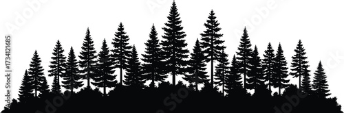 Dense conifer forest silhouette with pine trees on hilly terrain—black and white nature landscape for outdoor, wildlife, and design themes