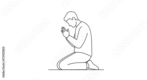 Simple line drawing,illustration of a man in prayer during lente in a modern flat style, isolated on a white background