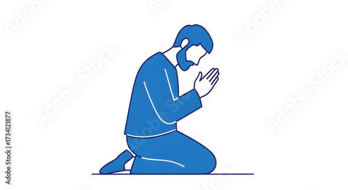 Simple line drawing,illustration of a man in prayer during lente in a modern flat style, isolated on a white background