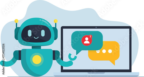 Robot with laptop and speech bubbles isolated on white background