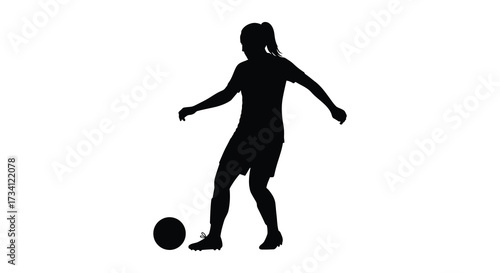 A dynamic female figure playing with a soccer ball silhouette
