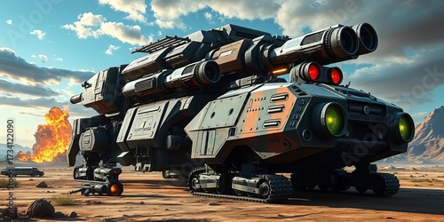 Gigantic armored vehicle, futuristic weaponry, apocalyptic landscape,  tank,  steel
