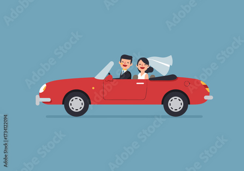 Joyful wedding getaway newlyweds in a convertible style playful design bright blue background