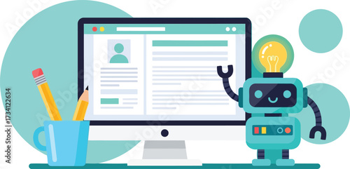 Robot with light bulb standing near computer isolated on white background