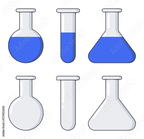 Laboratory Glassware Icons — Round Flask, Test Tube, and Erlenmeyer Flask in Filled and Empty Styles for Science UI, Education, and Experiment Toolkit