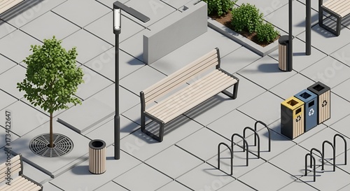 Isometric view of urban park elements including benches trees and recycling bins on a tiled surface