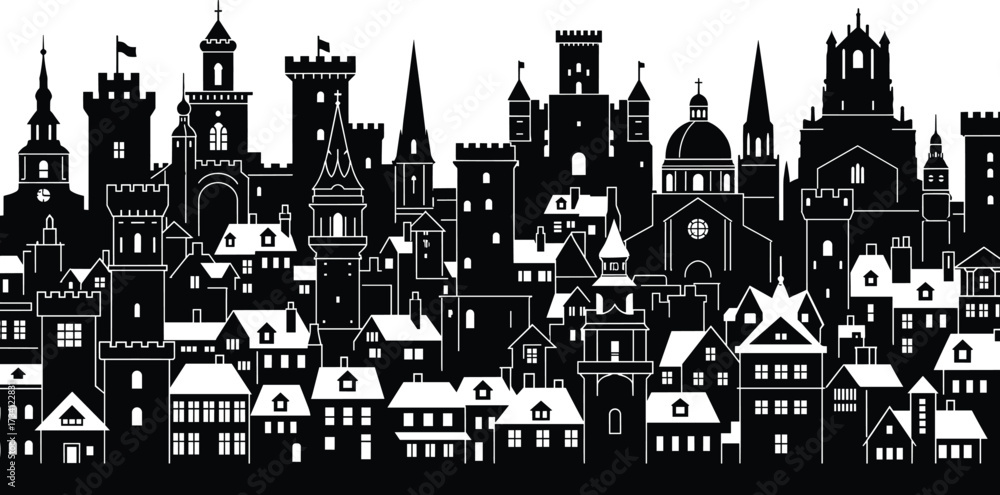 Fototapeta premium Medieval town silhouette with snowy rooftops, castles, churches, towers—black and white winter cityscape for architecture, history, and design themes