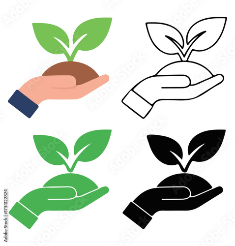 Hand Holding Sprouting Plant Icons — Growth and Sustainability Symbols in Color, Outline, Eco, and Silhouette Styles for Environmental UI and Branding