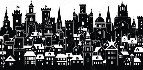 Medieval town silhouette with snowy rooftops, castles, churches, towers—black and white winter cityscape for architecture, history, and design themes
