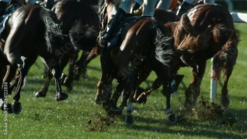 Racehorses in a line gallop up to the Winning Line together, super slow motion