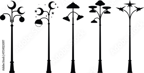Creative decorative street lamp post designs, crescent moon and star lamps, artistic outdoor lighting, urban night illumination, architectural city elements
