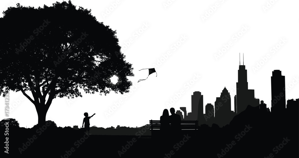 Fototapeta premium Silhouette of child flying kite near bench with people and city skyline in peaceful urban park with tree and birds.
