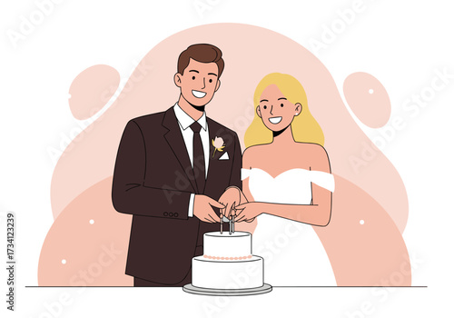 Wedding celebration cake cutting romantic venue digital joyful atmosphere couple in love