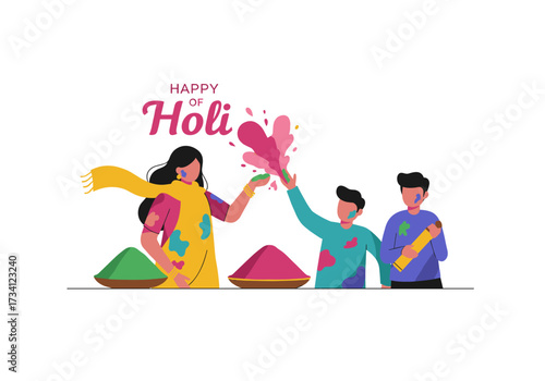 Celebrating holi festival with colorful powders and joyful participants in a vibrant environment