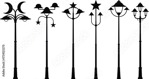 Decorative street lamp post designs, urban lighting fixtures, crescent moon lamps, star shaped lanterns, artistic outdoor lights, city architecture elements