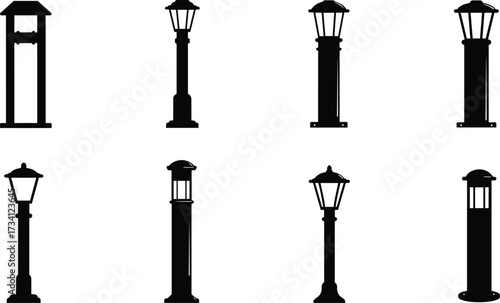 Lamp post silhouettes, outdoor street lights, urban lighting fixtures, traditional lantern design, modern minimalist lamps, architectural elements, city infrastructure, black silhouette illustration