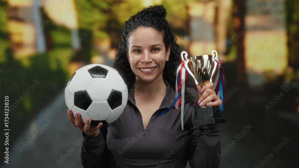 Obraz premium Woman holding soccer ball and trophy in sunny park smiling proudly after victory showcasing success outdoor sport achievement.