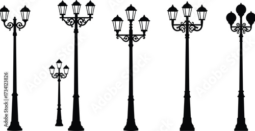 Ornate street lamp silhouettes, vintage lantern posts, decorative urban lighting, classical lamp design, historic park lights, architectural street fixtures, elegant outdoor illumination