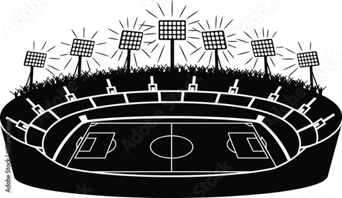 Football stadium silhouette with field lines, floodlights, crowd atmosphere, black and white vector illustration for sports infrastructure themes