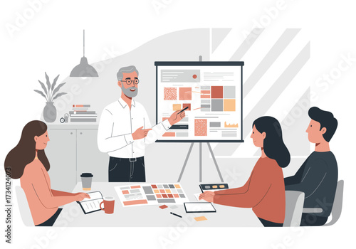 Team collaboration meeting on design strategies office space digital presentation professional environment engaged viewpoint