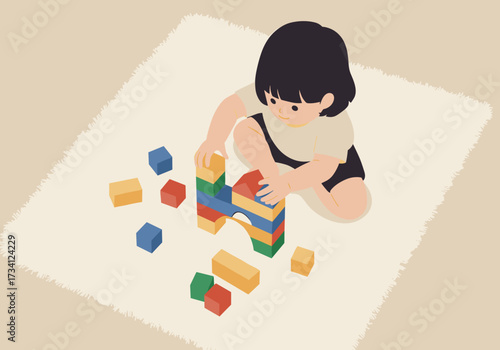 Child playing with building blocks home indoor eye-level creativity development