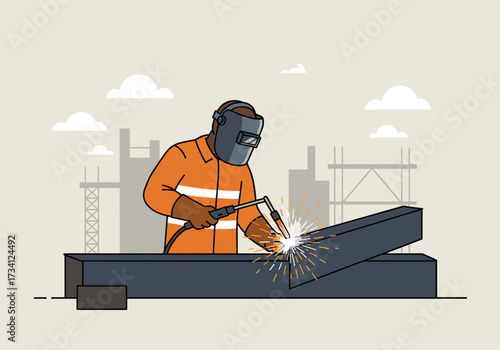 Welding action by construction worker industrial site digital urban environment side view skill and safety concepts